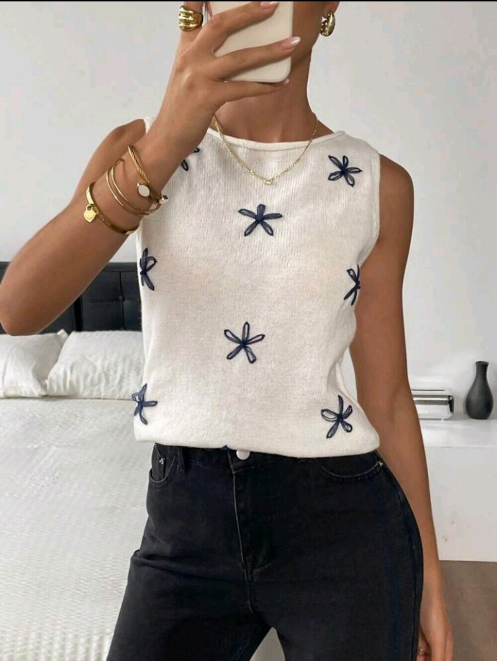 Women Floral Print Round Neck Casual Knit Vest,Tops For School In Fall/Winter - Picture 5 of 8